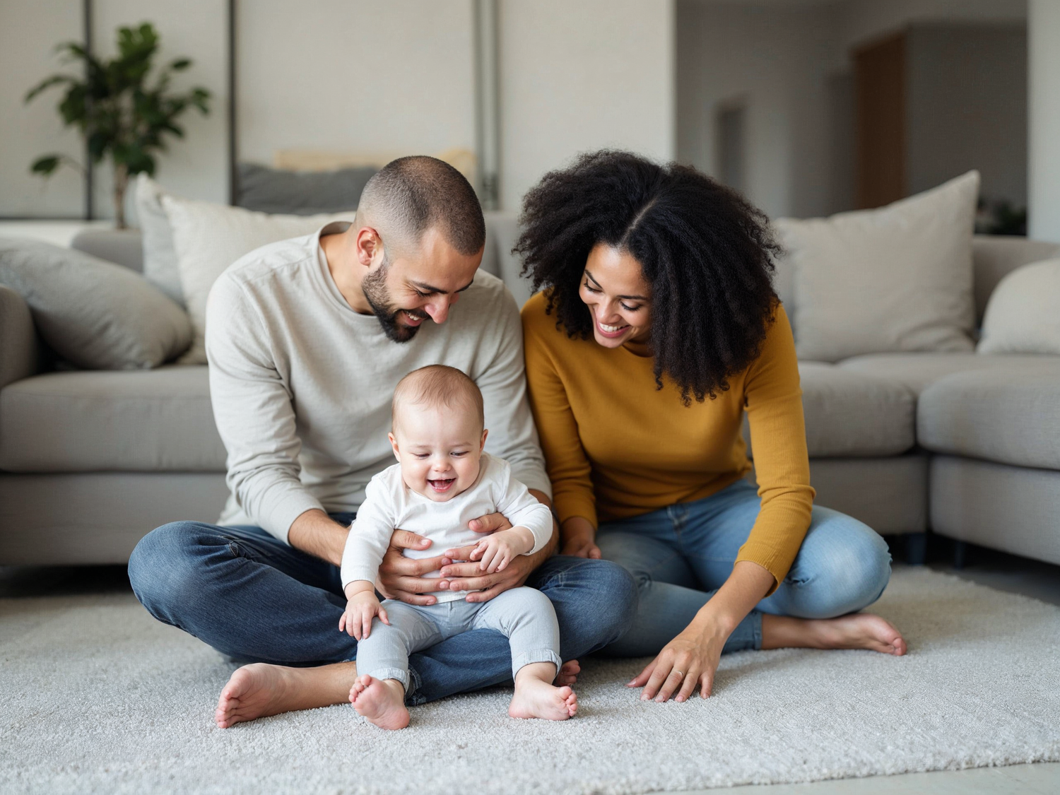 Mother and father sitting on the floor in the lounge room smiling at their baby