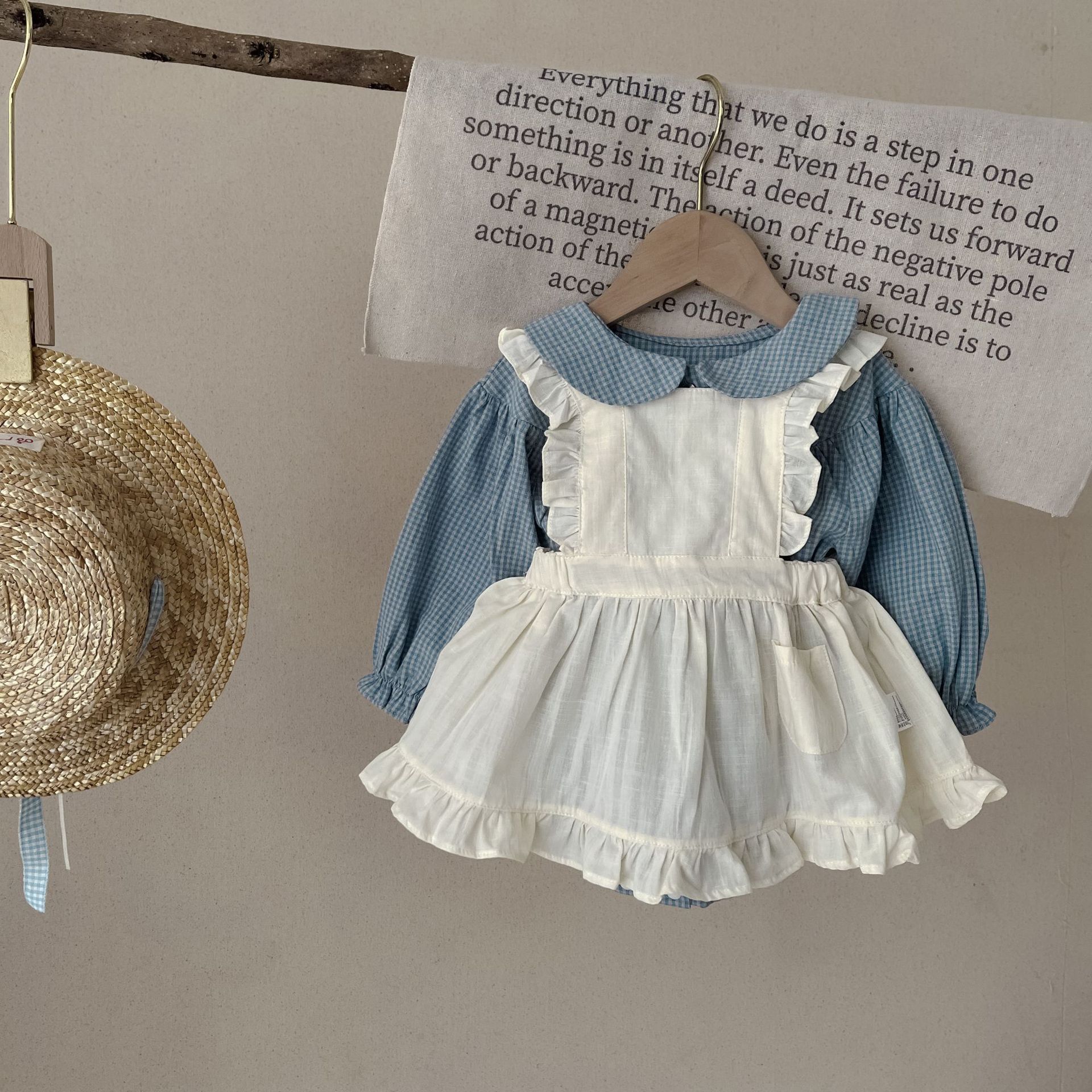 Dress your little one in timeless charm with this Vintage Plaid Romper & Ruffle Pinafore Set. Soft cotton, delicate ruffles & a classic doll collar design