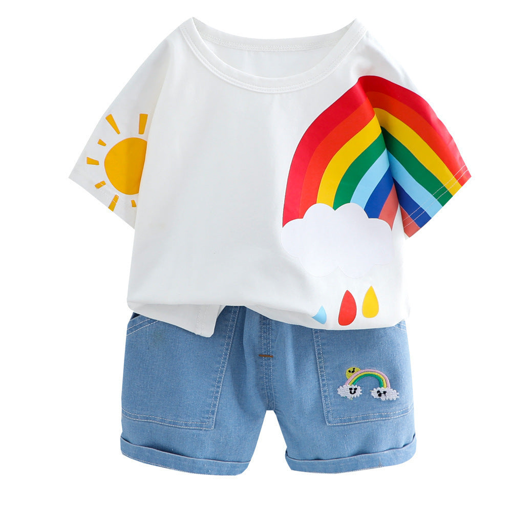Make summer magical with the Rainbow Dreams Summer Set! Soft cotton tee with a playful rainbow print and comfy denim shorts for a stylish, fun look.