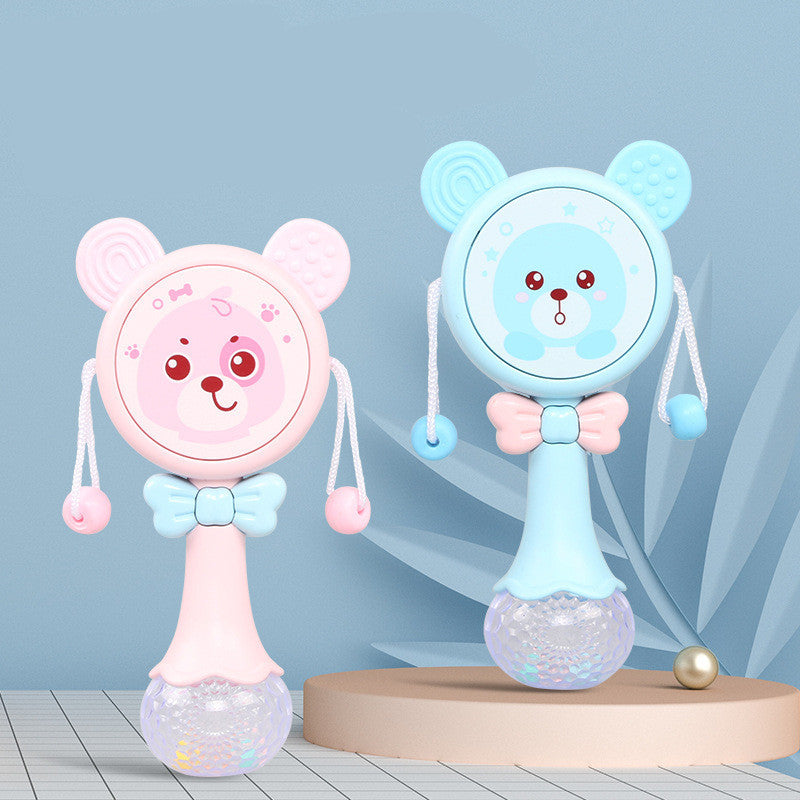 The perfect 2-in-1 baby rattle and teething toy! Engages little ones with music, soft silicone teething relief, and interactive play. Available in blue & pink.