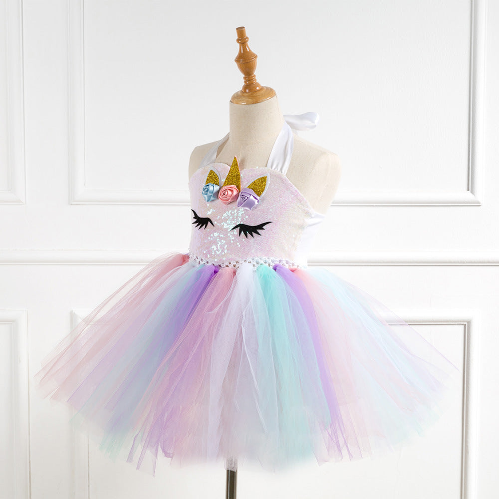 Add a touch of magic to your little one's wardrobe with this stunning unicorn tutu dress! Featuring a sequin bodice, pastel tulle, and floral appliqués – perfect for birthdays and special occasions.