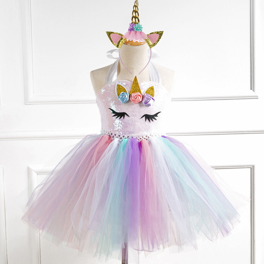Add a touch of magic to your little one's wardrobe with this stunning unicorn tutu dress! Featuring a sequin bodice, pastel tulle, and floral appliqués – perfect for birthdays and special occasions.