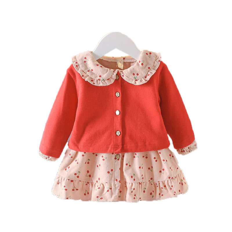 Wrap your baby girl in vintage charm with this adorable two-piece cotton set. Featuring a ruffled cardigan and cherry-print skirt, this breathable, stylish ensemble is perfect for any season!