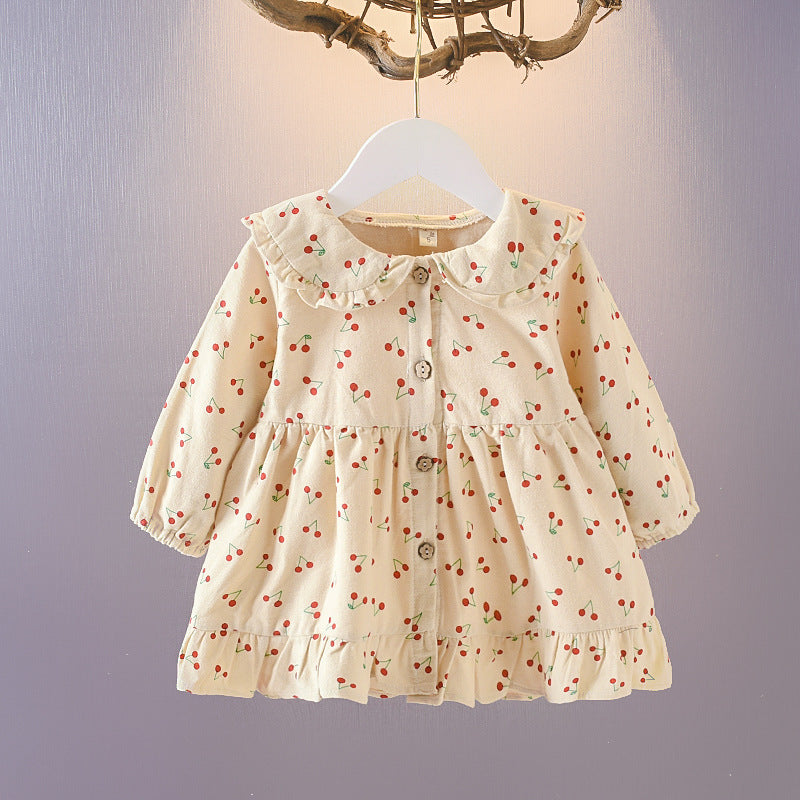 Wrap your baby girl in vintage charm with this adorable two-piece cotton set. Featuring a ruffled cardigan and cherry-print skirt, this breathable, stylish ensemble is perfect for any season!