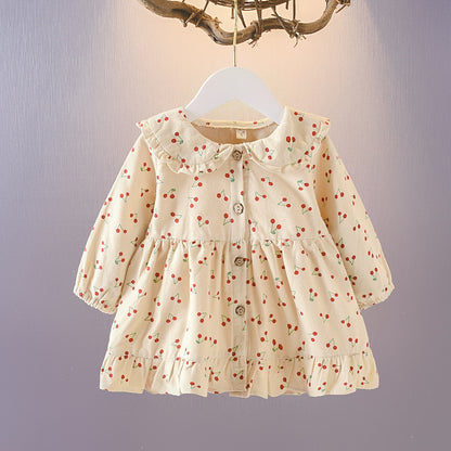 Wrap your baby girl in vintage charm with this adorable two-piece cotton set. Featuring a ruffled cardigan and cherry-print skirt, this breathable, stylish ensemble is perfect for any season!