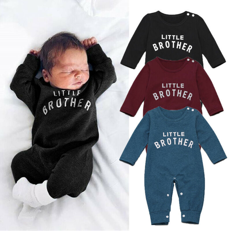 Soft cotton baby romper with “Little Brother” print – gender neutral, breathable and perfect for playtime or gifting.