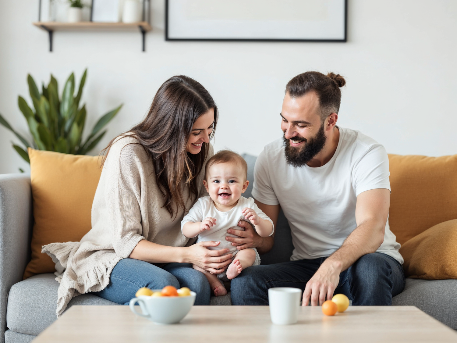 Mother and Father smiling with their baby boy