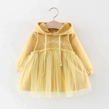 Discover the perfect mix of cozy and chic! This adorable hoodie dress features a soft cotton top with a layered tulle skirt. Perfect for playdates & outings!