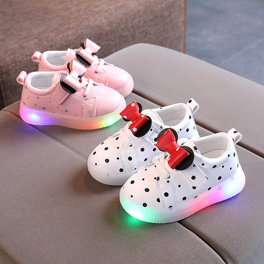 Step into style with the Luxe LED Polka Dot Bow Sneakers! Breathable, non-slip & ultra-chic light-up shoes for kids. Perfect for parties & everyday wear. Shop now!