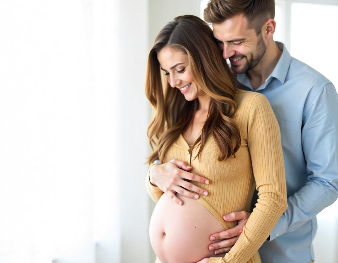 Mother and father are smiling and holding her baby bump