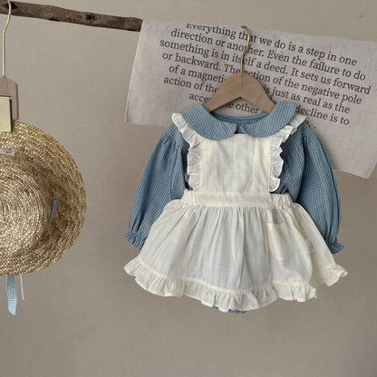Dress your little one in timeless charm with this Vintage Plaid Romper & Ruffle Pinafore Set. Soft cotton, delicate ruffles & a classic doll collar design