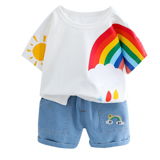Make summer magical with the Rainbow Dreams Summer Set! Soft cotton tee with a playful rainbow print and comfy denim shorts for a stylish, fun look.