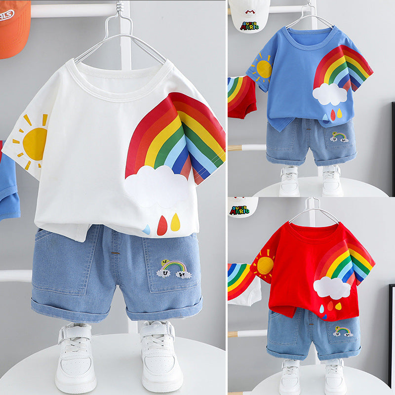 Make summer magical with the Rainbow Dreams Summer Set! Soft cotton tee with a playful rainbow print and comfy denim shorts for a stylish, fun look.