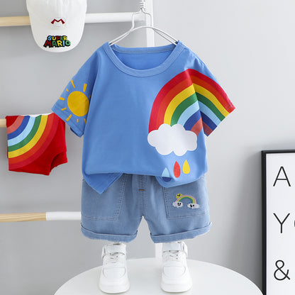 Make summer magical with the Rainbow Dreams Summer Set! Soft cotton tee with a playful rainbow print and comfy denim shorts for a stylish, fun look.