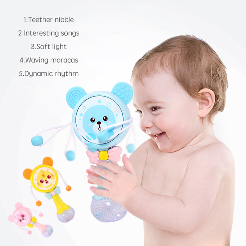 The perfect 2-in-1 baby rattle and teething toy! Engages little ones with music, soft silicone teething relief, and interactive play. Available in blue & pink.