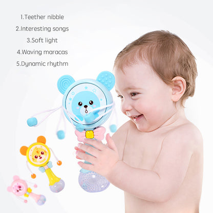 The perfect 2-in-1 baby rattle and teething toy! Engages little ones with music, soft silicone teething relief, and interactive play. Available in blue & pink.
