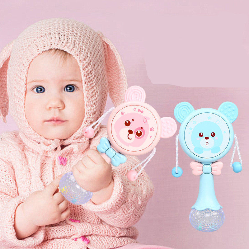 The perfect 2-in-1 baby rattle and teething toy! Engages little ones with music, soft silicone teething relief, and interactive play. Available in blue & pink.