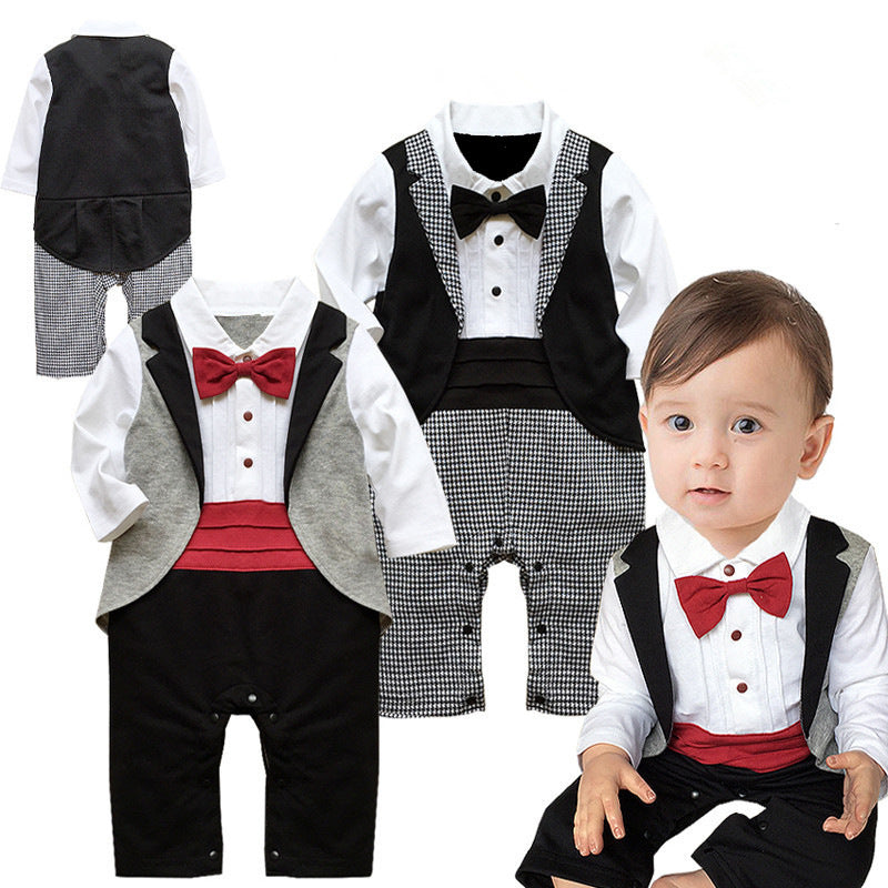 Dress your little gentleman in this stylish baby tuxedo romper. Perfect for weddings, birthdays & photoshoots. Soft, breathable & easy to wear!