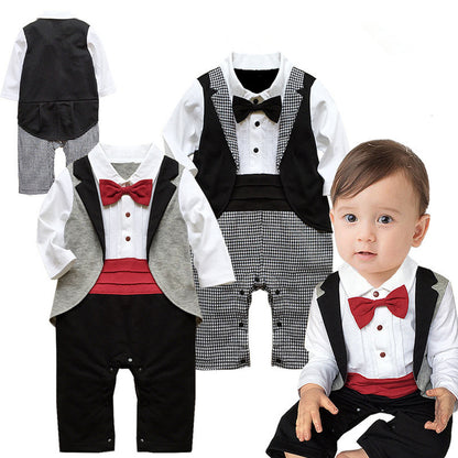 Dress your little gentleman in this stylish baby tuxedo romper. Perfect for weddings, birthdays & photoshoots. Soft, breathable & easy to wear!