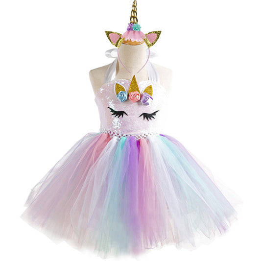 Add a touch of magic to your little one's wardrobe with this stunning unicorn tutu dress! Featuring a sequin bodice, pastel tulle, and floral appliqués – perfect for birthdays and special occasions.