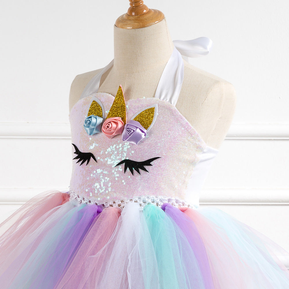 Add a touch of magic to your little one's wardrobe with this stunning unicorn tutu dress! Featuring a sequin bodice, pastel tulle, and floral appliqués – perfect for birthdays and special occasions.